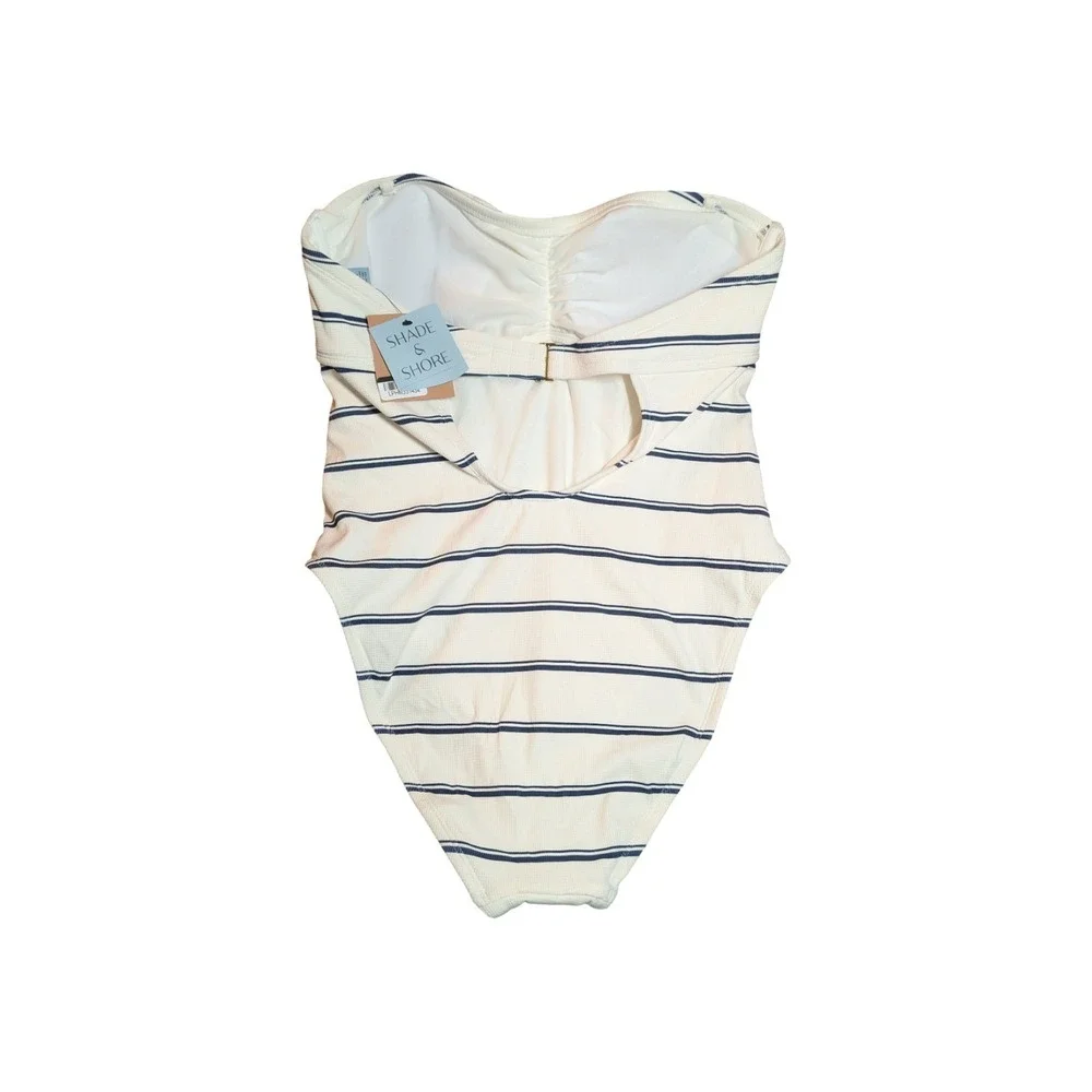 ⭐D4 Women's Striped High Leg One Piece Swimsuit Shade & Shore Cream & Navy Small